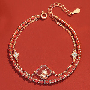 18K Gold Red String Lucky Four-Leaf Clover and Cute Horse Love and Luck Bracelet