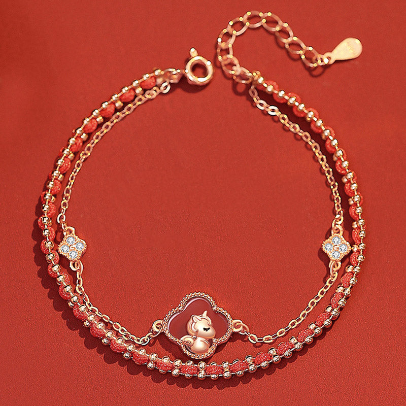 18K Gold Red String Lucky Four-Leaf Clover and Cute Horse Love and Luck Bracelet