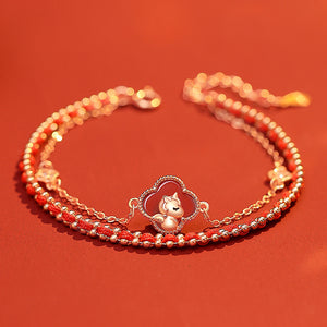 18K Gold Red String Lucky Four-Leaf Clover and Cute Horse Love and Luck Bracelet