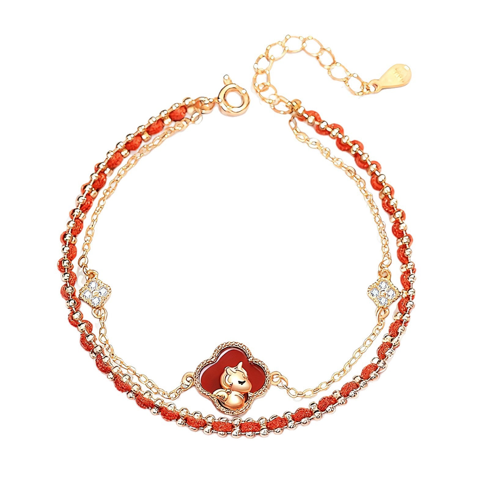 18K Gold Red String Lucky Four-Leaf Clover and Cute Horse Love and Luck Bracelet