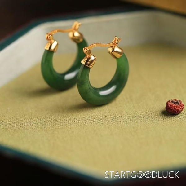 Jade Hoop Earrings-Green/White-Natural Hetian Jade Stone