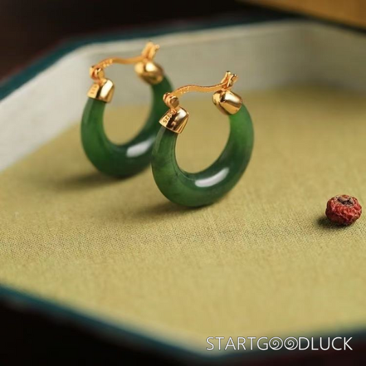 Jade Hoop Earrings-Green/White-Natural Hetian Jade Stone