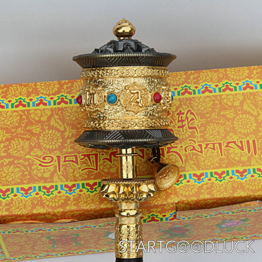 Tibetan Prayer Wheel: Large Silent Handheld with Gold Plating & Gem Inlays (Accumulate Merit Quietly)