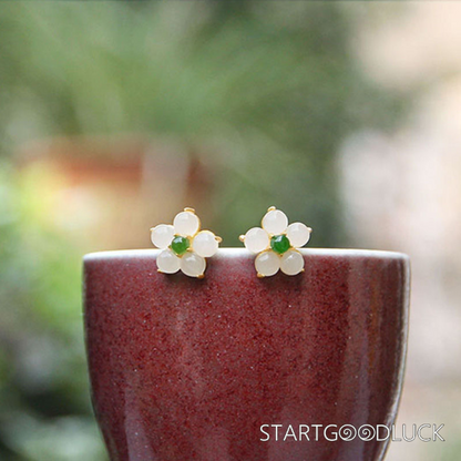 Chinese Style Jade Flower Earrings-Natural Jade