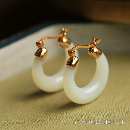 Jade Hoop Earrings-Green/White-Natural Hetian Jade Stone