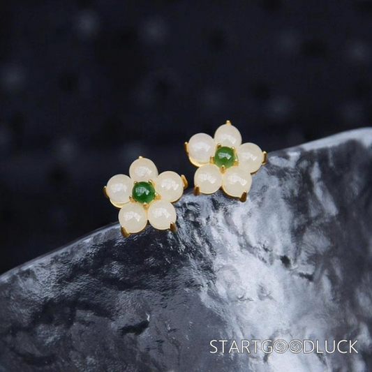 Chinese Style Jade Flower Earrings-Natural Jade