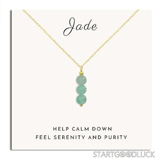 3-Jade Bead Pendant Necklace on Gold Chain: Serenity & Positive Energy