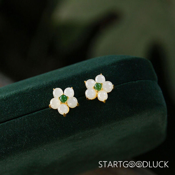 Chinese Style Jade Flower Earrings-Natural Jade