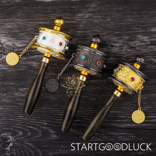 Tibetan Prayer Wheel: Handheld with Colored Gem Inlays (Accumulate Merit, Bless Daily Life)
