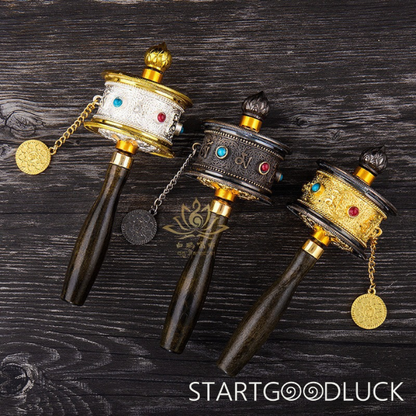 Tibetan Prayer Wheel: Handheld with Colored Gem Inlays (Accumulate Merit, Bless Daily Life)