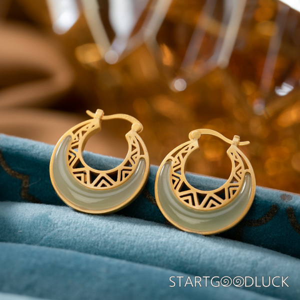 Crescent Moon Earrings-Natural Hetian Jade Stone & Silver