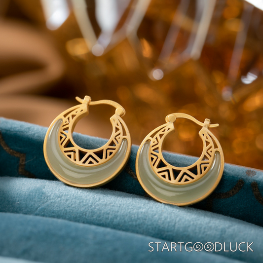 Crescent Moon Earrings-Natural Hetian Jade Stone & Silver