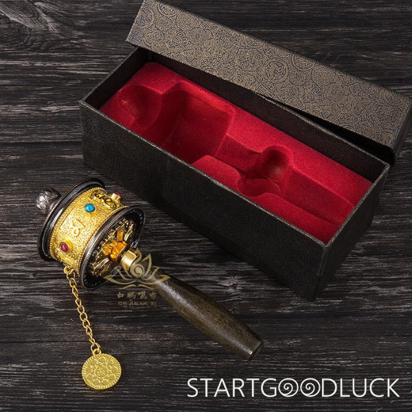 Tibetan Prayer Wheel: Handheld with Colored Gem Inlays (Accumulate Merit, Bless Daily Life)