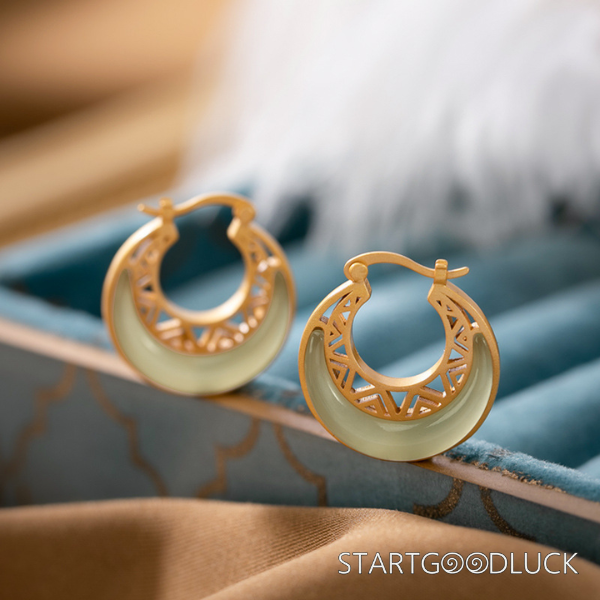 Crescent Moon Earrings-Natural Hetian Jade Stone & Silver