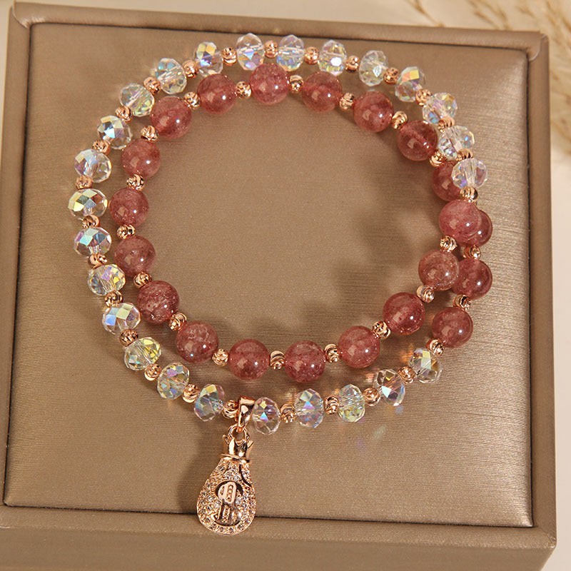 Strawberry quartz Bracelet multi-layer pink crystal money bag pendant