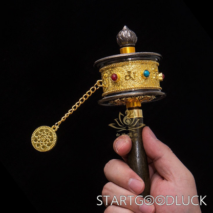 Tibetan Prayer Wheel: Handheld with Colored Gem Inlays (Accumulate Merit, Bless Daily Life)