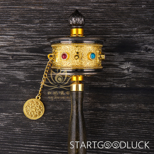 Tibetan Prayer Wheel: Handheld with Colored Gem Inlays (Accumulate Merit, Bless Daily Life)