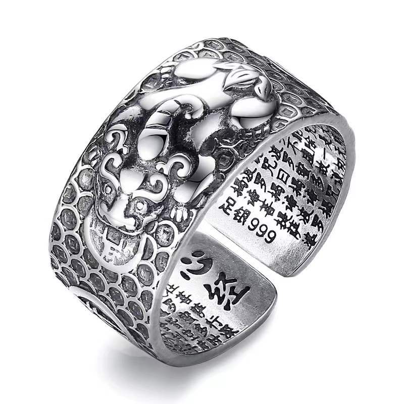 925 Silver Buddhist Heart Sutra & Pixiu Prosperity and Wealth Ring