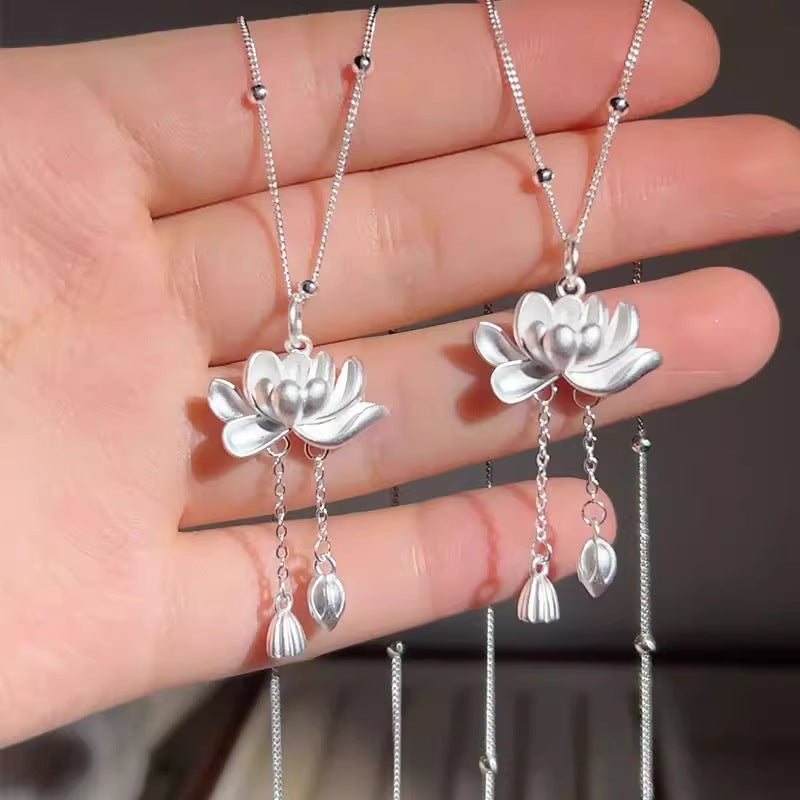925 Silver Lotus Chinese Style Peace and Tranquility Necklace