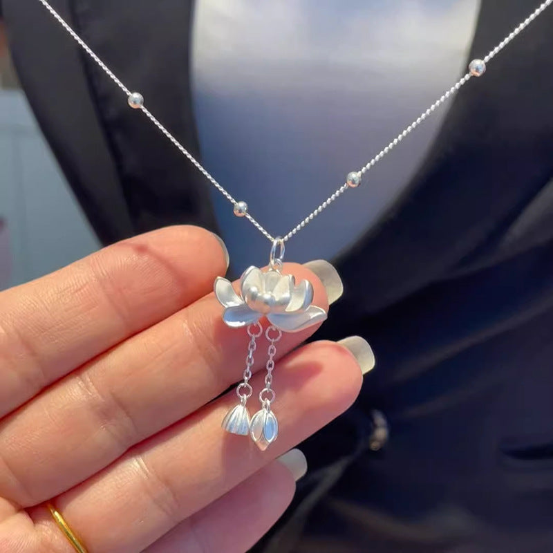925 Silver Lotus Chinese Style Peace and Tranquility Necklace
