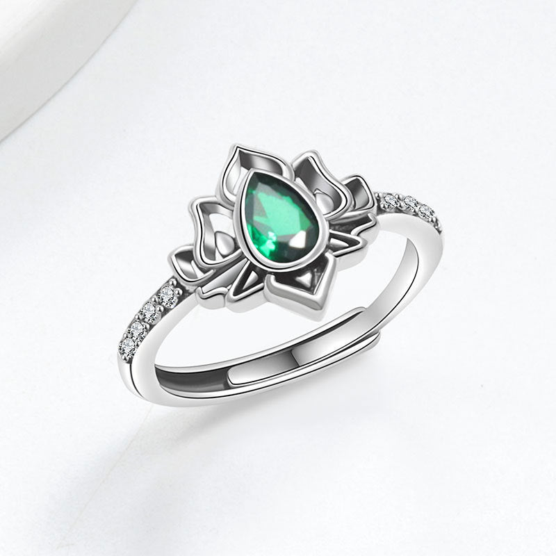 925 Silver Women Crystal Lotus Zircon Focus and Wisdom Rings