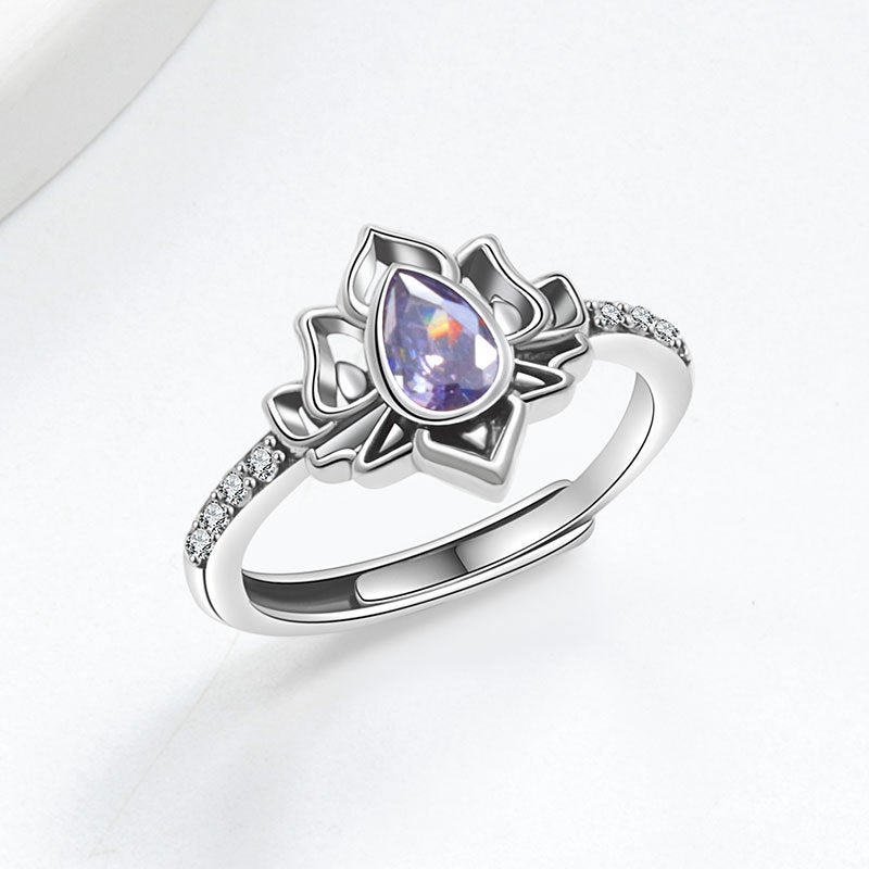 925 Silver Women Crystal Lotus Zircon Focus and Wisdom Rings