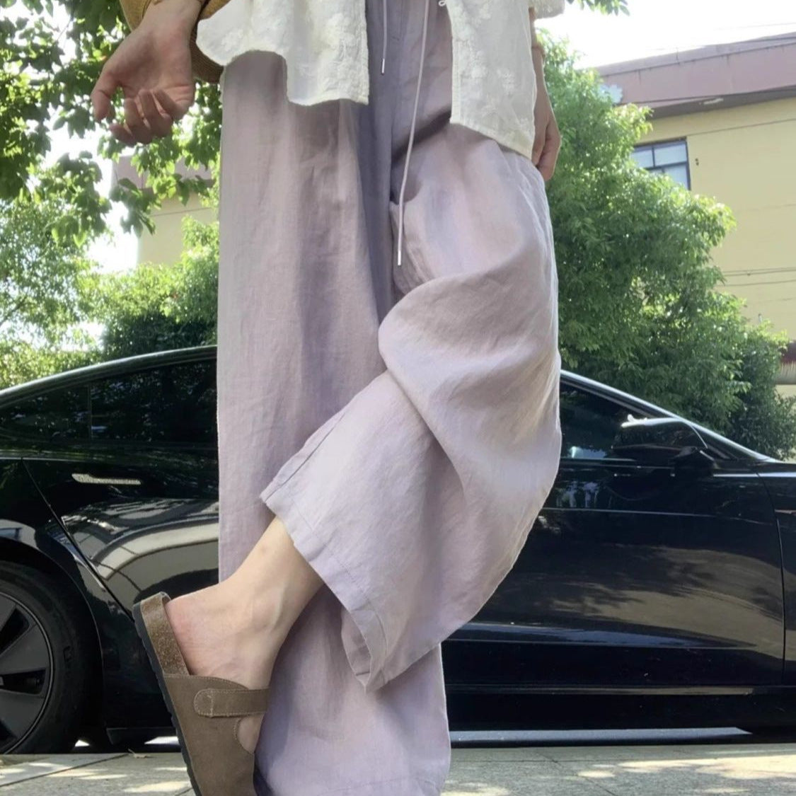 Women's purple linen wide-leg pants purple straight leg pants