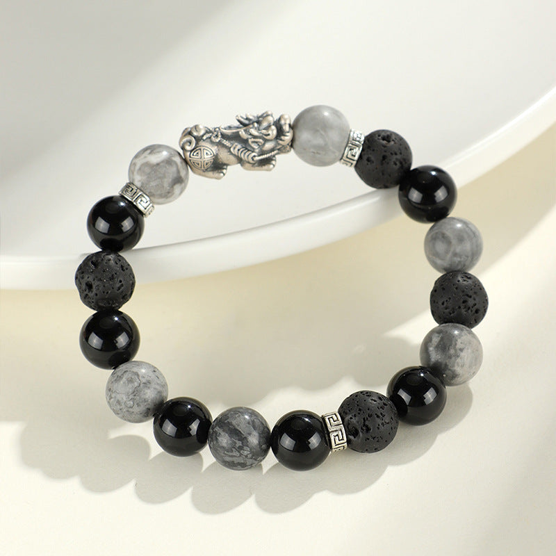 999 silver Pixiu Black Obsidian Courage and Strength Bracelet