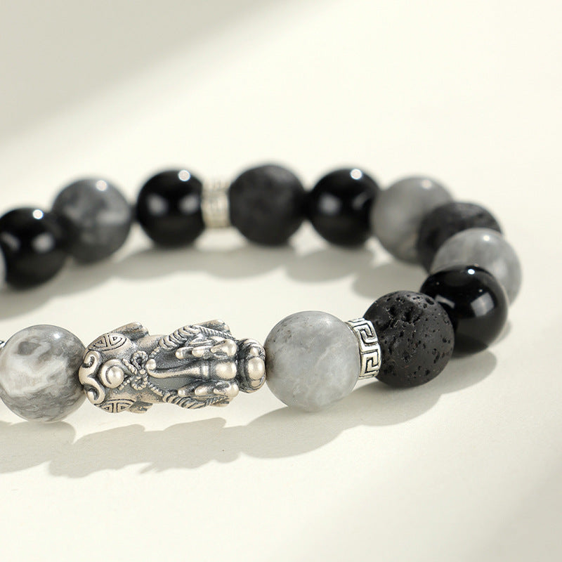 999 silver Pixiu Black Obsidian Courage and Strength Bracelet