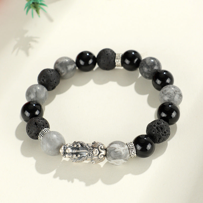 999 silver Pixiu Black Obsidian Courage and Strength Bracelet