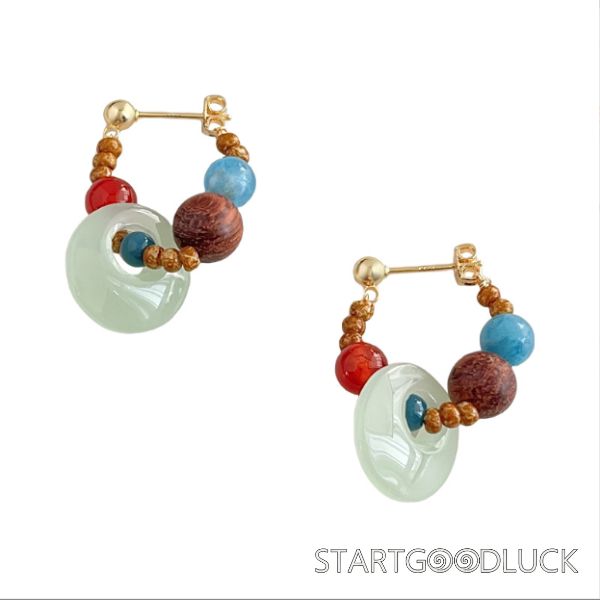 Aquamarine & Red Agate Earrings | Chinese Style Earrings | Rosewood and Silver Jewelry
