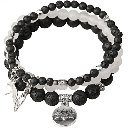 Black Crystal Bracelet with Natural Stone beads and rose charm