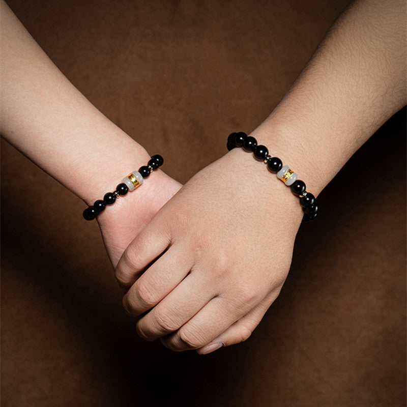 Black Obsidian 14K Gold With Jade Balance and Harmony Couple Bracelet Set