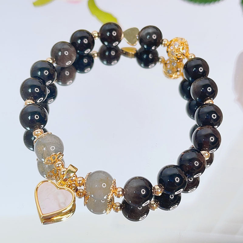 Black Obsidian Bracelet with Heart Star Flower