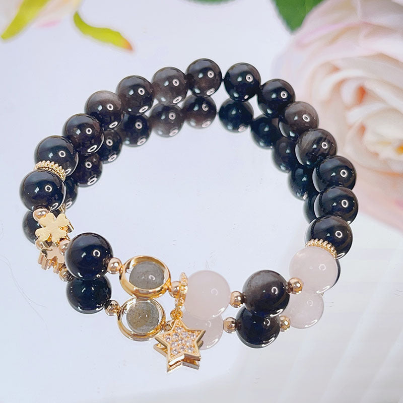 Black Obsidian Bracelet with Heart Star Flower – StartGoodLuck