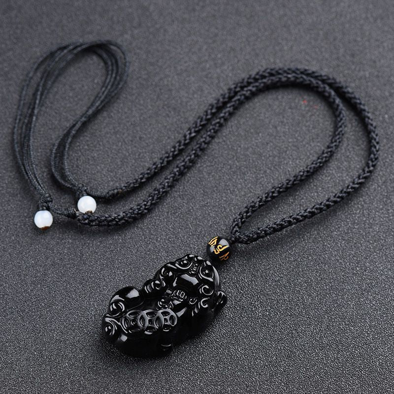Black Obsidian Three Money Pixiu Pendant Prosperity and Wealth Necklace