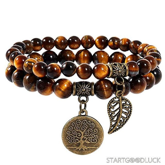 Buddhist Beads Bracelet - Agate Tree of Life Multi-Colored Beads with Vintage Leaf Charm