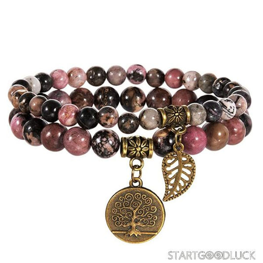 Buddhist Beads Bracelet - Agate Tree of Life Multi-Colored Beads with Vintage Leaf Charm
