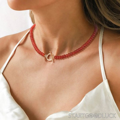 Carnelian Beaded Necklace - Western Fashion Statement Choker with Gold Toggle Clasp