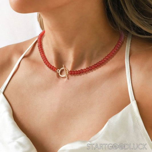 Carnelian Beaded Necklace - Western Fashion Statement Choker with Gold Toggle Clasp