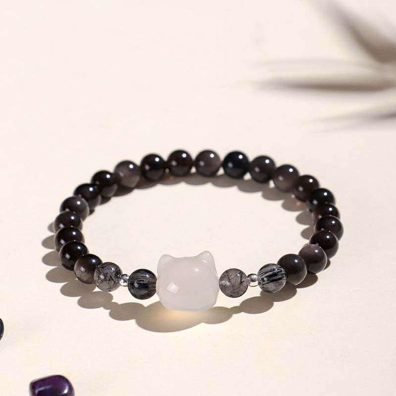 Cat Bracelet with Silver Obsidian Beads product image