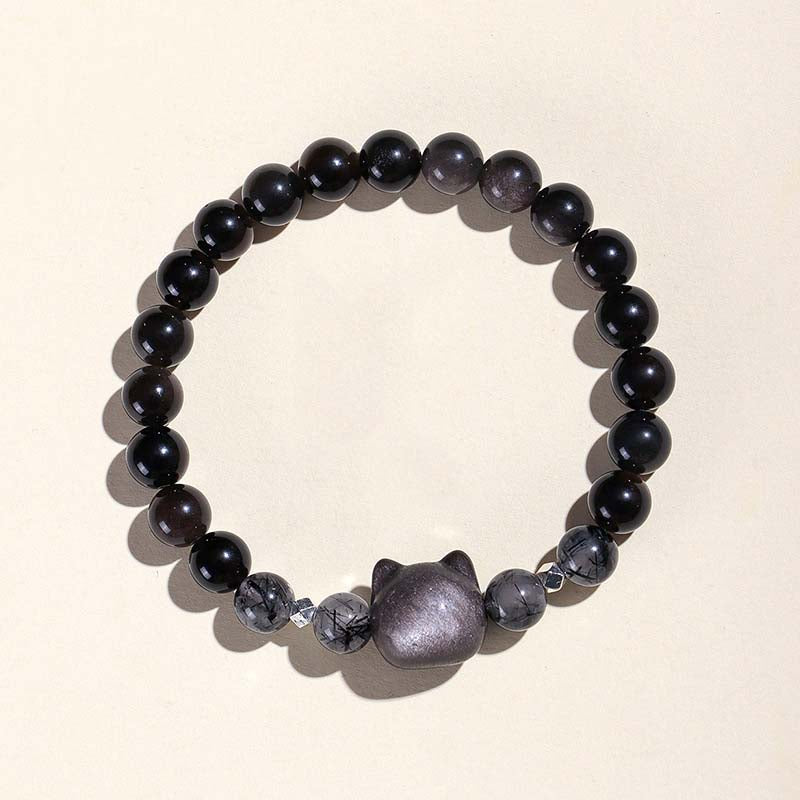Cat Bracelet with Silver Obsidian Beads – StartGoodLuck