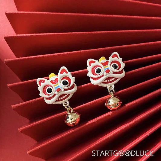 Chinese Lion Dance Earrings - Cute Lion Motifs & Bells