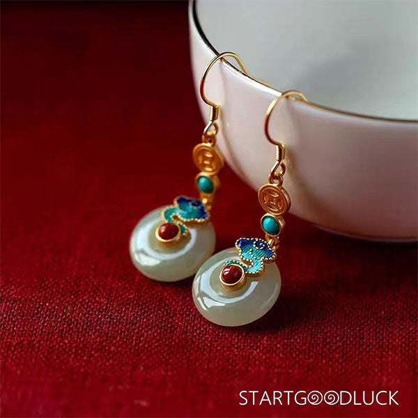 Chinese Style Cloud-Patterned Peace Buckle Jade Earrings