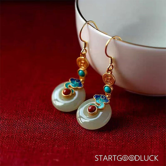 Chinese Style Cloud-Patterned Peace Buckle Jade Earrings