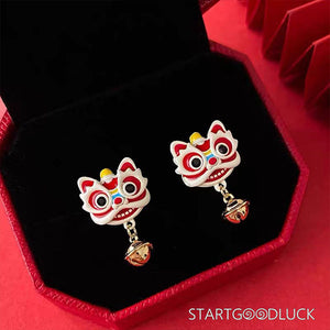 Chinese Lion Dance Earrings - Cute Lion Motifs & Bells - StartGoodLuck