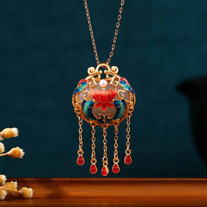 Chinese Lucky Necklace | Enamel - Colored Hetian Jade Safety Lock Pendant with "Year - round Surplus" Motif