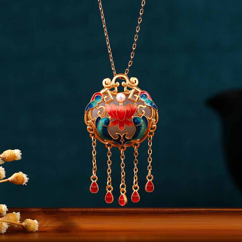 Chinese Lucky Necklace | Enamel - Colored Hetian Jade Safety Lock Pendant with "Year - round Surplus" Motif