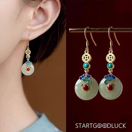 Chinese Style Cloud-Patterned Peace Buckle Jade Earrings