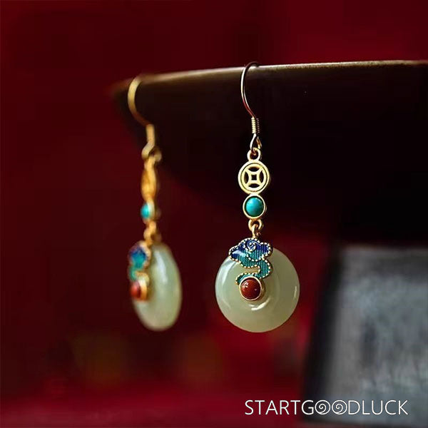 Chinese Style Cloud-Patterned Peace Buckle Jade Earrings